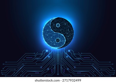 Digital harmony, tech balance and modern philosophy concept with glowing polygon Yin Yang symbol above circuit board. Futuristic neon blue low-poly vector illustration. Wellness, design and innovation