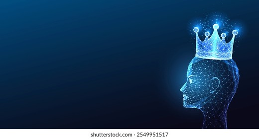 Digital head silhouette with glowing crown on dark blue background, symbolizing intelligence, leadership, self-esteem, and futuristic innovation concept. Glowing polygonal abstract vector illustration