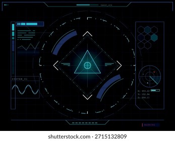 Ein digitales Head-up-Display mit einem zentralen Zielretikel, Koordinatenauslesungen und Systemstatusanzeigen. Verfügt über eine dunkle, rasterbasierte Oberfläche mit leuchtenden Cyan- und Blau-Elementen.