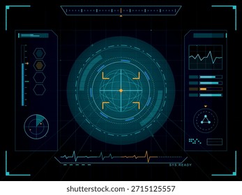 Una pantalla de cabezal digital (HUD) presenta una retícula de objetivo central rodeada de varias visualizaciones de datos, gráficos e indicadores de Estado.