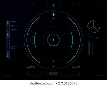 Una interfaz de pantalla de cabezal digital (HUD) con Elementos cian y azules brillantes, con una retícula de orientación central, lecturas de datos y gráficos de interfaz de usuario futuristas en un fondo oscuro y cuadriculado.
