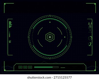 Uma interface digital head-up display (HUD) com um sistema de direcionamento central semelhante ao radar, gráficos laterais e barras de progresso em um fundo de grade escura.
