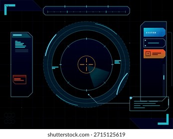 Ein digitales Head-up Display (HUD)-Interface mit einem zentralen Zielretikel, Systemstatusanzeigen und Datenauslesungen auf dunklem, rasterartigem Hintergrund.