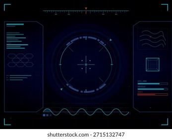Una pantalla de cabezal digital (HUD) que simula una interfaz de ciencia ficción futurista, con un alcance de orientación central, lecturas de datos, barras de progreso y gráficos de ondas en un fondo de cuadrícula oscura.