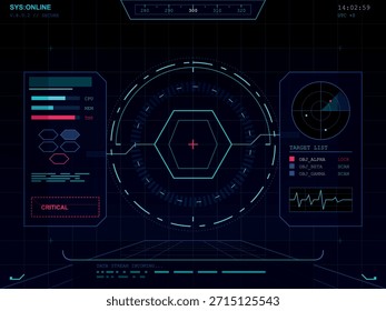 Una interfaz de pantalla de cabezal digital con Elementos futuristas de ciencia ficción, que incluyen radar, flujos de datos e indicadores de Estado del sistema. La interfaz presenta un fondo de cuadrícula azul oscuro con Elementos gráficos cian y rojo brillantes.