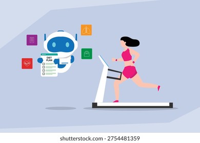 Digital Health Assistant Providing Personalized Diet Plan to Woman Running on Treadmill 2d flat vector illustration