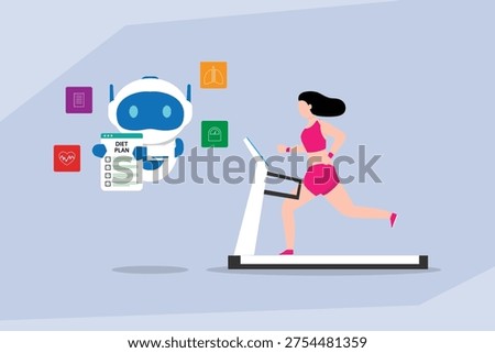 Digital Health Assistant Providing Personalized Diet Plan to Woman Running on Treadmill 2d flat vector illustration