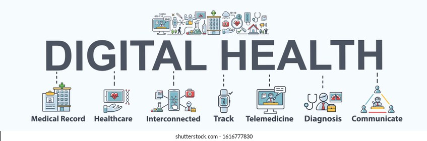 Digital Health Banner Web Icon For Electronic Health, Medical Record, Interconnected, Telemedicine, Pharmacy Online, Track, Wearable Device And Sensor. Minimal Vector Infographic.