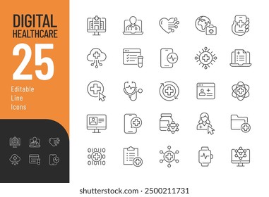 Digital Health Care Line Editable Icons set. Vector illustration in modern thin line style of medicine related icons: online consultation, health checkup, treatment, and more. 