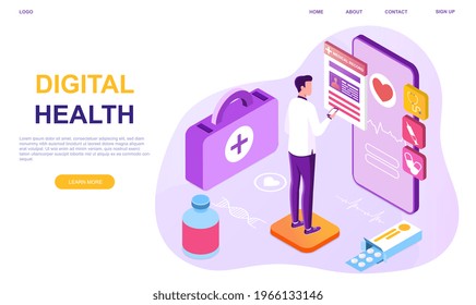Digital health care. Online doctor at work, hero images. Doctor standing in front of large tablet PC screen and looking through patient health indicators. Flat abstract metaphor cartoon vector concept