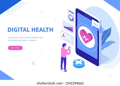 
Digital Health Concept. Can Use For Web Banner, Infographics, Hero Images. Flat Isometric Vector Illustration Isolated On White Background.