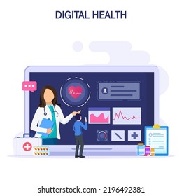 Digital health concept. Doctor looks at the patient's electronic chart on the electronic gadgets. Health care concept.