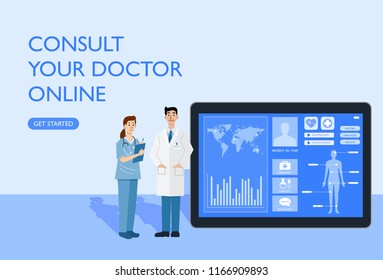 Digital health concept, Illustration of doctor and nurse using a tablet for consulting patient online, Vector