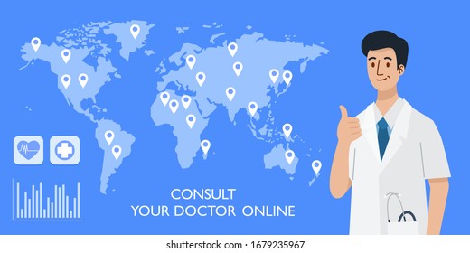 Digital health concept, Illustration of doctor with map of the world background, Vector