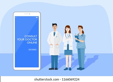 Digital health concept, Illustration of doctors and nurse using a smart phone for consulting patient online, Vector