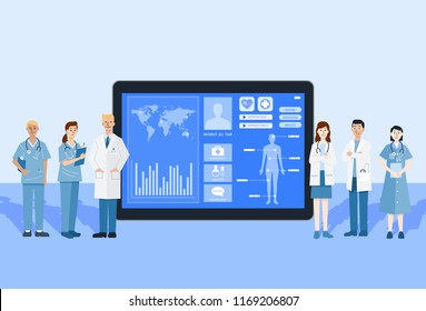 Digital health concept, Illustration of doctors and nurses using a tablet for consulting patient online, Vector