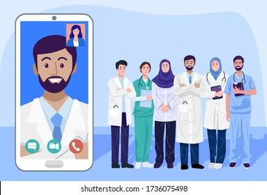 Digital health concept, Illustration of doctors and nurse using a smart phone for consulting patient online, Vector