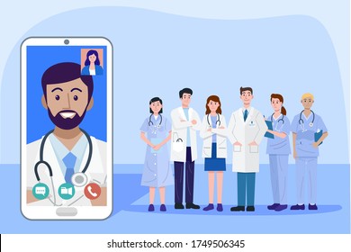 Digital health concept, Illustration of doctors and nurse using a smart phone for consulting patient online, Vector