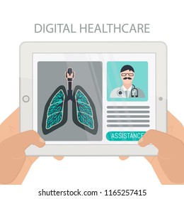 Digital health concepts, user using a tablet to meet with a medical professionals. Flat design icon, vector illustration.