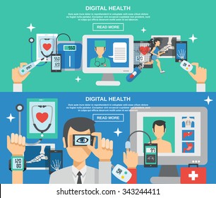 Digital Health Horizontal Banner Set With Mobile Medicine Elements Isolated Vector Illustration