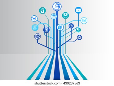 Digital health and hospital blue background as vector illustration with parallel lines branching out into a tree structure