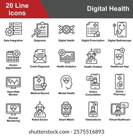 Digital Health Icon Set Collection. Containing Data Integration, Diagnosis, Digital Prescription, Digital Stethoscope, Doctor Appointment, Health Analytics. Simple Line Vector Illustration.