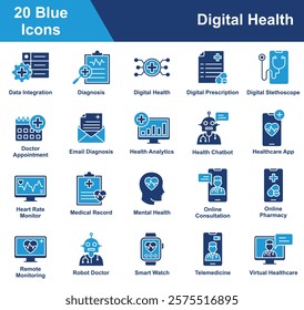 Digital Health Icon Set Collection. Containing Data Integration, Diagnosis, Digital Prescription, Digital Stethoscope, Doctor Appointment, Health Analytics. Simple Blue Vector Illustration.