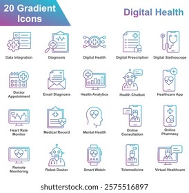 Digital Health Icon Set Collection. Containing Data Integration, Diagnosis, Digital Prescription, Digital Stethoscope, Doctor Appointment, Health Analytics. Simple Gradient Vector Illustration.