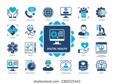 Digital Health icon set. Telemedicine, Diagnosis, Quick Response, Wearable Devices, Patient, Analysis, Health, Consultation. Duotone color solid icons