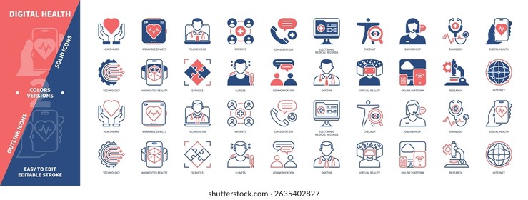 Digital Health icon set. Telemedicine, Diagnosis, Virtual Reality, Wearable Devices, Illness, Online Platform, Checkup, Consultation. Duotone color solid and editable outline icons