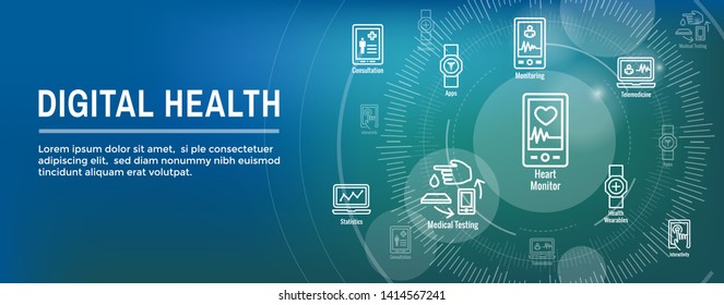 Digital Health Icon Set W Wearable Technology Web Header Banner