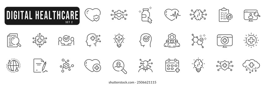 Digital health icons set. Tech, virtual, computing, online, medicine line icon set. Editable strokes. Part 2