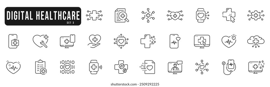 Digital health icons set. Tech, virtual, computing, online, medicine line icon set. Editable strokes. Part 3