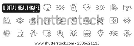Digital health icons set. Tech, virtual, computing, online, medicine line icon set. Editable strokes. Part 2