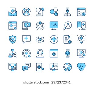 Digital health icons set. Vector line icons. Blue color outline stroke symbols. Modern concepts