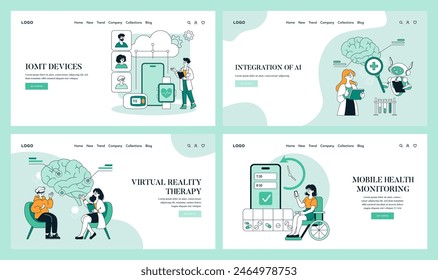 Conjunto de Innovaciones en Salud Digital. Representación de dispositivos IoMT, integración de IA, terapia de realidad virtual y monitoreo de salud móvil. Describe las mejoras en tecnología médica. Ilustración vectorial.