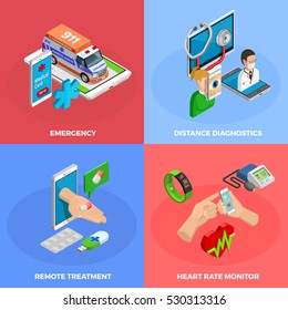 Digital health isometric concept with modern gadgets and methods of medical monitoring and treatment isolated vector illustration