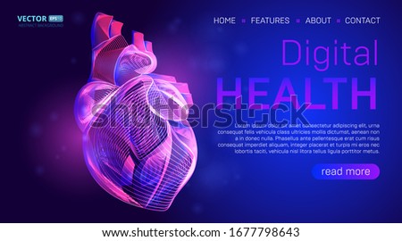 Digital health landing page background concept or hero banner design with human heart outline vector illustration. Medical healthcare website template for  Cardiology learning or artery clot therapy