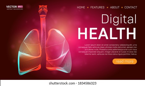 Digital health landing page template or medical hero banner design concept. Human lungs outline organ vector illustration in 3d line art style on abstract background