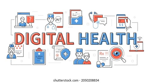 Digital health - line design icon set in red and blue color. Illustration with images on the topic of modern medical care convenience and mobility. Caring for body condition with professional help