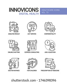 Digital health line design style icons set. Online medical consultation idea. Analysis result, 24 7 service, confidentiality, chatting, question, doctor ratings, for children. prescription of medicine