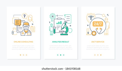 Digital health line design style web banners with copy space for text. Online medical consultation mobile app idea. Analysis result, 24 7 service illustrations. Doctor, stethoscope, microscope images