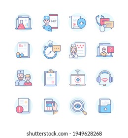 Digital Health - Line Design Style Icons Set. Healthcare Mobile App, Online Consultations. Confidentiality, Chatting, Express Consulting, Doctor Ratings, Prescription Of Medicine, Audio And Video Call