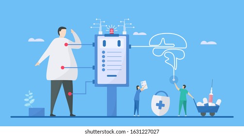 Digital health is mix of technologies such as AI, healthcare, living, and society to add more efficiency. it can helps doctor to decide precisely. Vector illustration in flat tiny style.