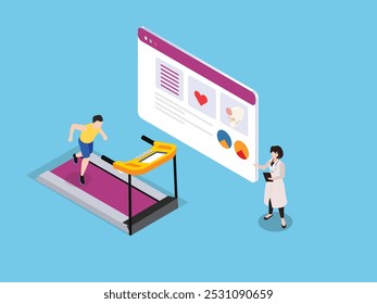 Monitoramento de saúde digital com médico e paciente na ilustração vetorial isométrica 3d da esteira