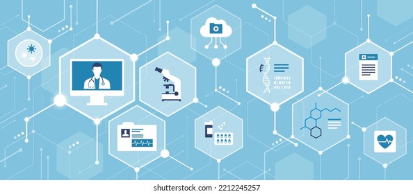 Digital health, online doctor and innovative medical services, conceptual abstract background with icons in a network