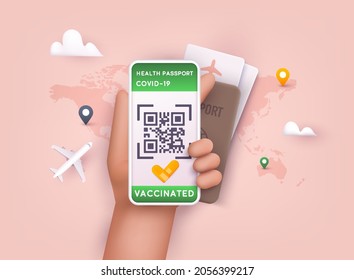 Digital health passport app in mobile phone for travel. Covid-19 pandemic. 3D Web Vector Illustrations.