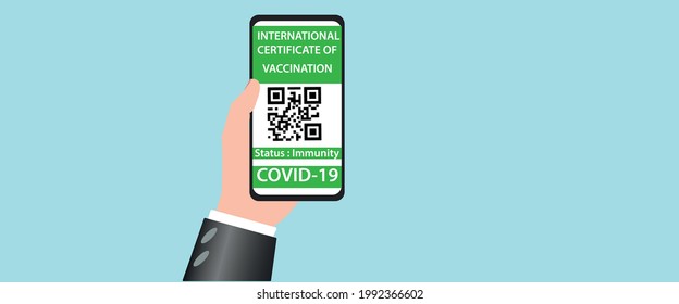 Digital health passport application on smart phone. He shows his immunity against the vaccine on his smartphone screen. corona virus vaccination concept. Vaccine passport application for safe journeys