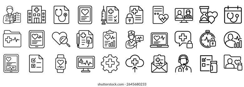 Conjunto de ícones do Digital Health and Patient Monitoring - com relatórios, dispositivos, médicos e ferramentas de diagnóstico.