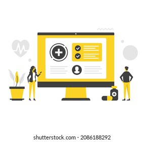 Digital Health. People And Computer With Healthcare Website. Flat Vector Illustration. Medical Technology, Online Medical Resources, Internet Doctor. Modern Concepts. Flat Design